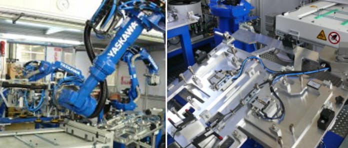 Roboter beim Einsatz zur vollautomatischen Glasumspritzung