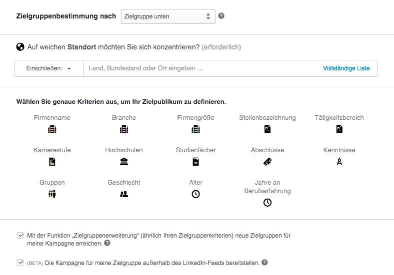 Targeting-Optionen LinkedIn, Screenshot aus Kampagnen Manager